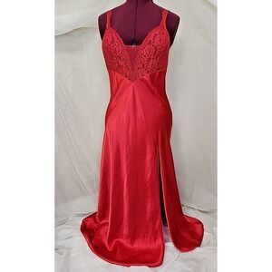 Vtg Victoria Secret Liquid Shiny Satin Nightgown Long High Slit Red M Gold Label